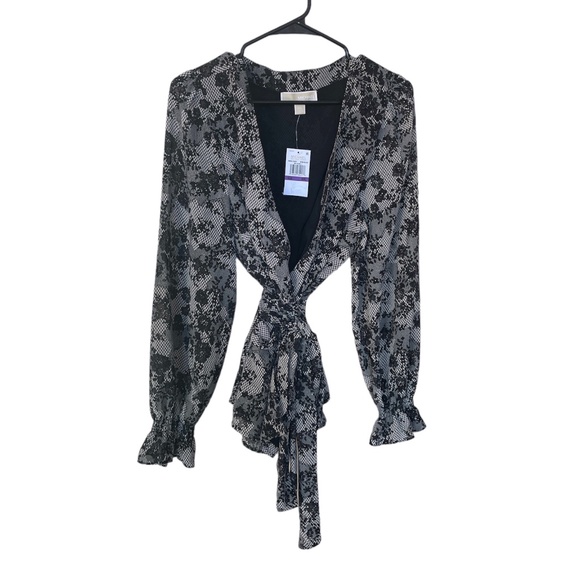 Michael Michael Kors Bone Black Chantilly Wrap Tie-Waist Long Sleeve Blouse - Picture 8 of 8